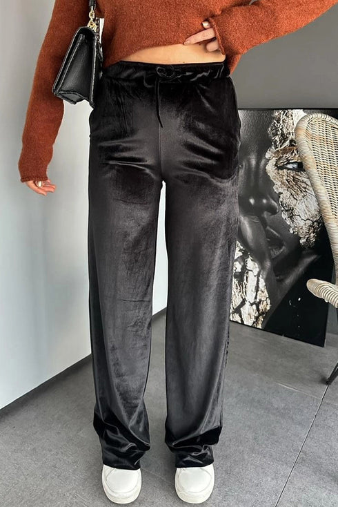 Shiny Velvet Drawstring High Waist Wide Leg Pants